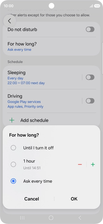 Press the required setting.