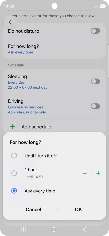 Press the required setting.