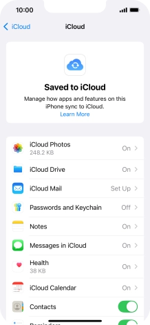 Press the indicators next to the required data types to turn synchronisation of each data type on or off.