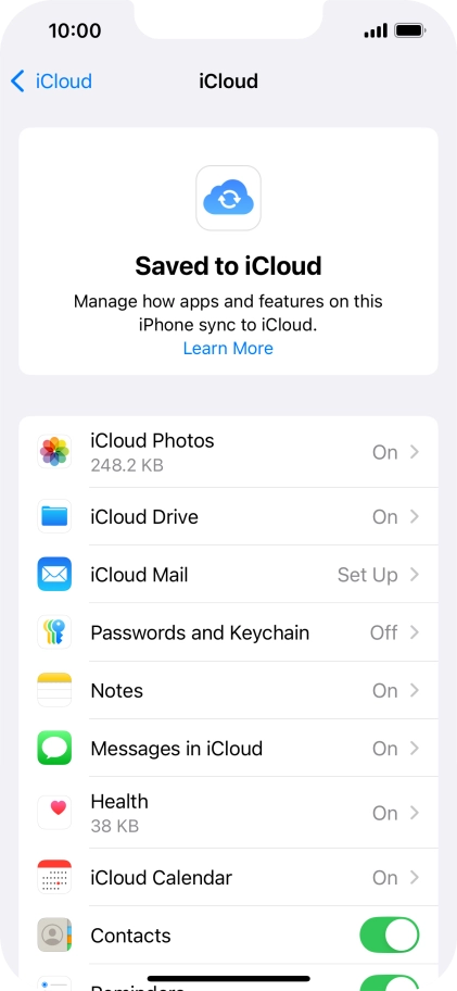 Press the indicators next to the required data types to turn synchronisation of each data type on or off.