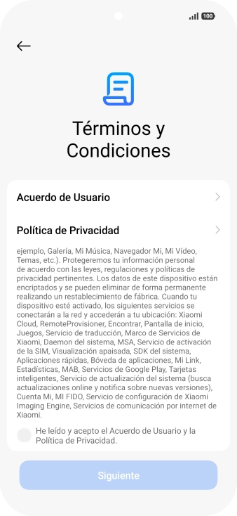 Pulsa en el campo  para aceptar los términos y condiciones.