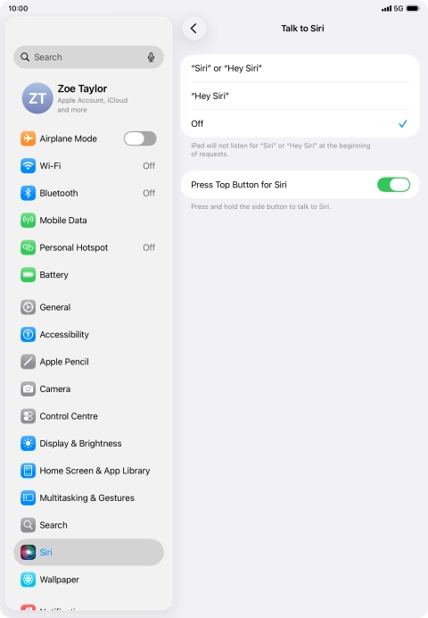 Press the required setting to turn the function on or off. If you turn on the function, you need to follow the instructions on the screen to set up Siri to recognise your voice.