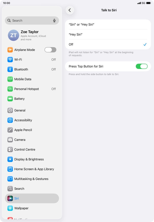 Press the required setting to turn the function on or off. If you turn on the function, you need to follow the instructions on the screen to set up Siri to recognise your voice.