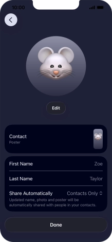 Press the name fields and follow the instructions on the screen to edit your name on the Contact Poster.