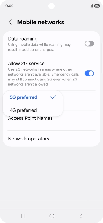 Press the required network mode.