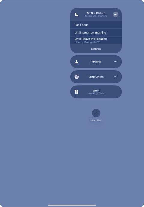 Press the required setting to activate the selected focus mode for a specified period of time or until you leave your current location.