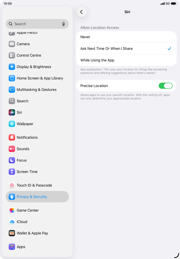Press the required setting to turn the function on or off.