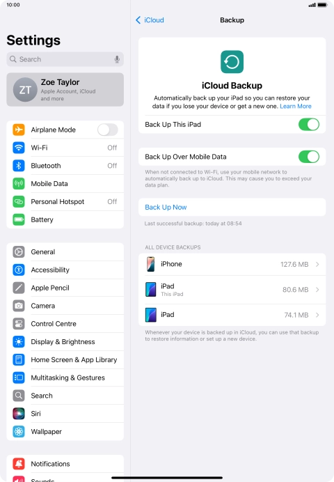 Press Back Up Now and wait while the tablet memory is backed up.
