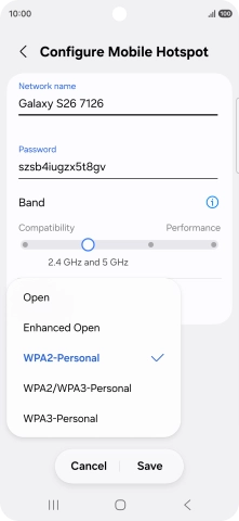 Press WPA3-Personal to password protect your Wi-Fi hotspot.