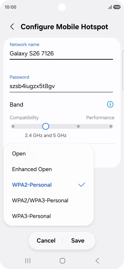 Press WPA3-Personal to password protect your Wi-Fi hotspot.
