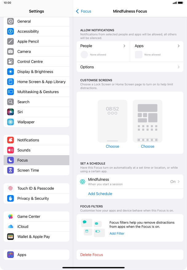 Press People and follow the instructions on the screen to select which contacts you would like to receive calls and notifications from when the selected focus mode is active.