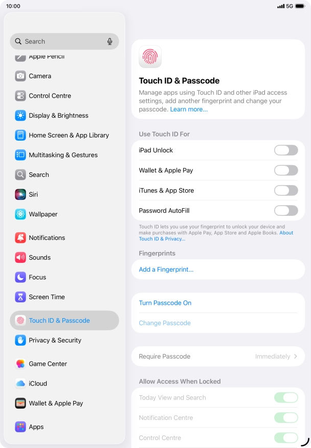 Press Turn Passcode On and key in a lock code of your own choice twice.