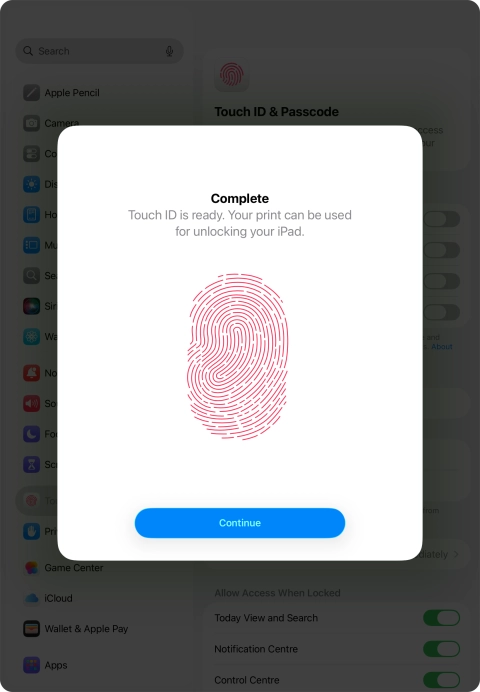 Press Continue. If you haven't previously selected a lock code, key in a code of your own choice twice.