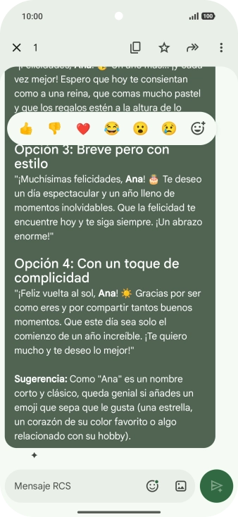 Pulsa la propuesta de texto de Gemini durante unos instantes. Sigue las indicaciones de la pantalla para utilizar el texto propuesto.