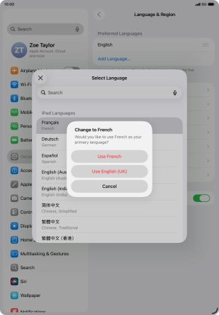 To select the new language as the default tablet language, press Use ‹language›.