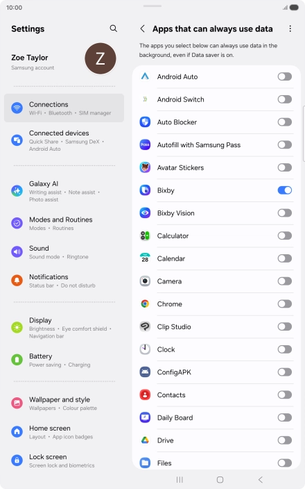 Press the indicators next to the required apps to turn the function on or off.