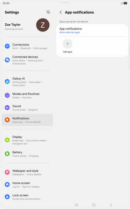 Press Add apps and follow the instructions on the screen to select which apps you would like to receive notifications from when Do Not Disturb is turned on.