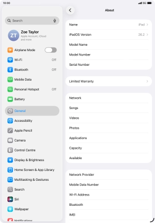 Your tablet's software version is displayed next to iPadOS Version.