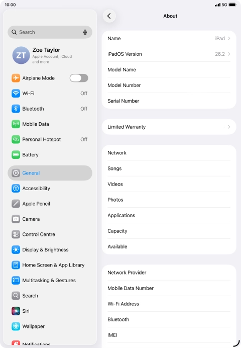 Your tablet's software version is displayed next to iPadOS Version.