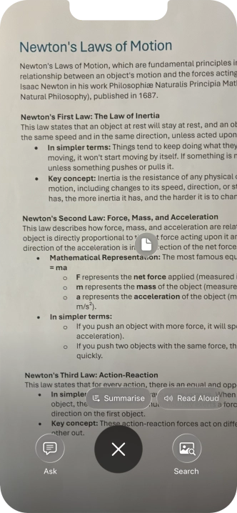 To use visual intelligence on a text, take a picture of the text, press the required setting and follow the instructions on the screen to use the function.