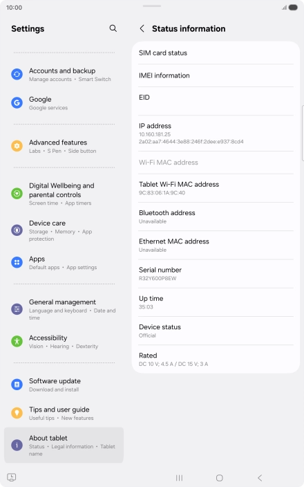 Your tablet's EID number is displayed below EID.