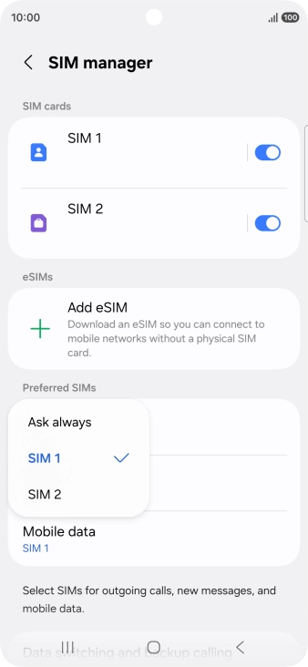 Press the required setting.