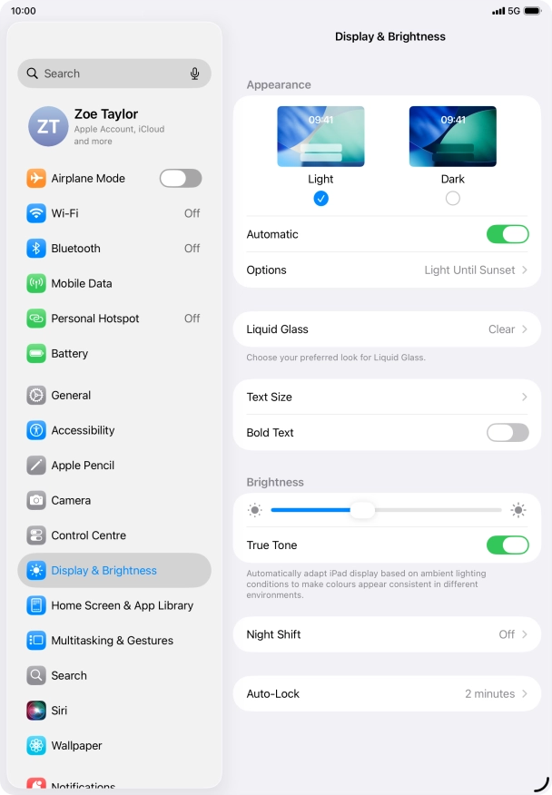 If you turn on the function, press Options and follow the instructions on the screen to select the required period of time for Dark Mode.