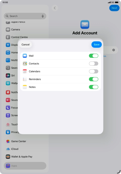 Press the indicators next to the required data types to turn synchronisation of each data type on or off.