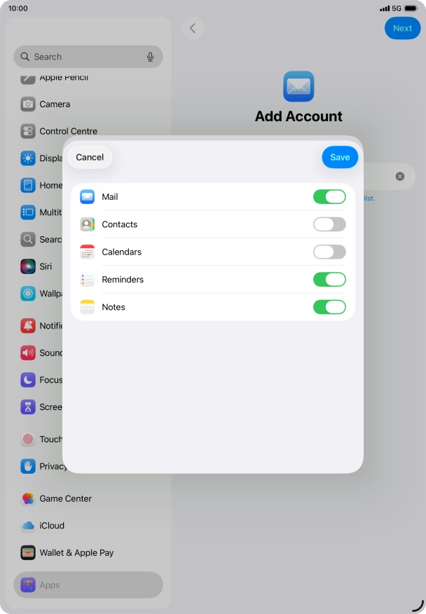 Press the indicators next to the required data types to turn synchronisation of each data type on or off.