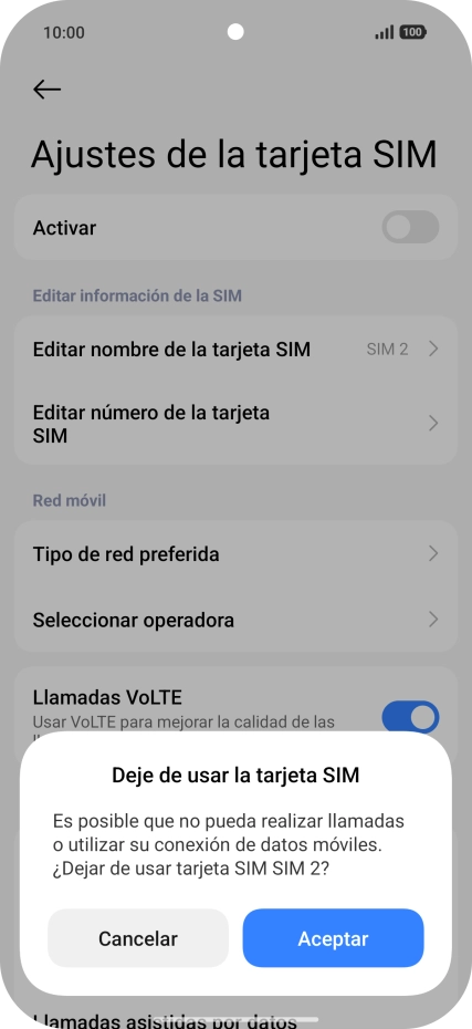 Si desactivas el uso de la línea móvil (SIM), debes pulsar Aceptar.