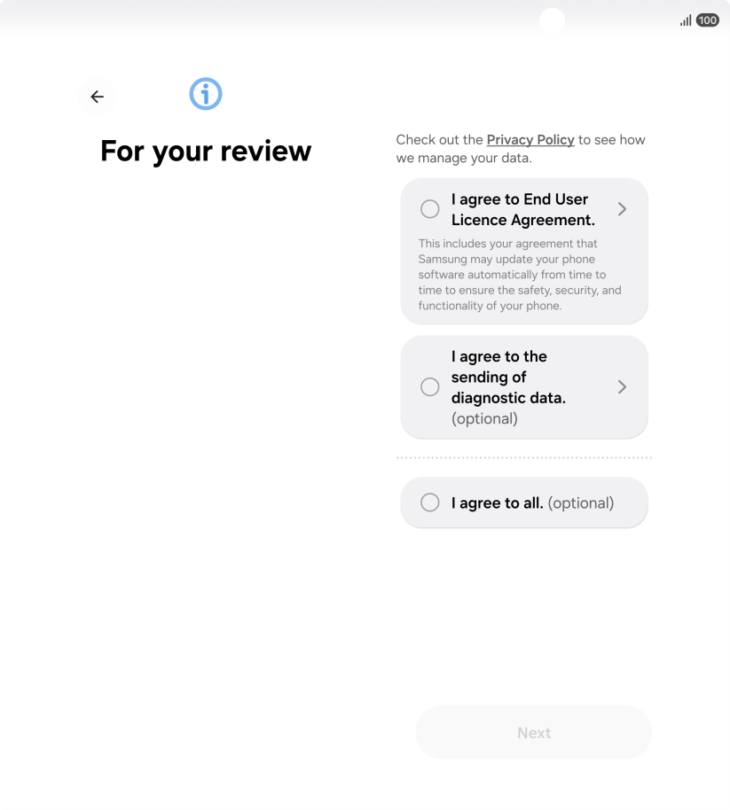 Press the fields next to the required settings to select them. Press the fields next to the required settings to select them.