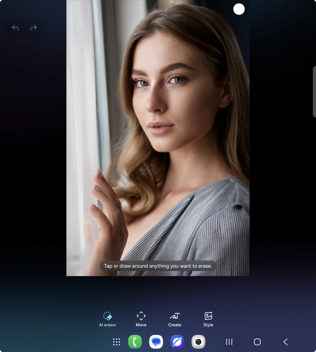To remove objects from your picture, press AI eraser and follow the instructions on the screen to use the function. To remove objects from your picture, press AI eraser and follow the instructions on the screen to use the function.