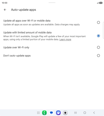 To turn on automatic update of apps using mobile network, press Update all apps over Wi-Fi or mobile data.