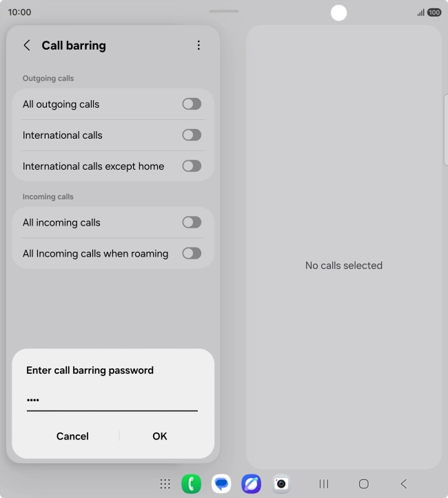 Key in your barring password and press OK. The default barring password is 0000.