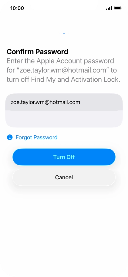 Key in the password for your Apple Account and press Turn Off. Wait a moment while the factory default settings are restored. Follow the instructions on the screen to set up your phone and prepare it for use.