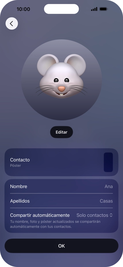 Pulsa los campos del nombre y sigue las indicaciones de la pantalla para editar el nombre del póster de contacto.