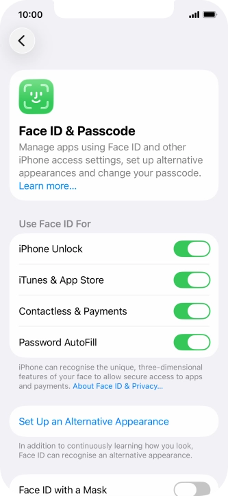 Press the indicators next to the required settings to turn them on or off.