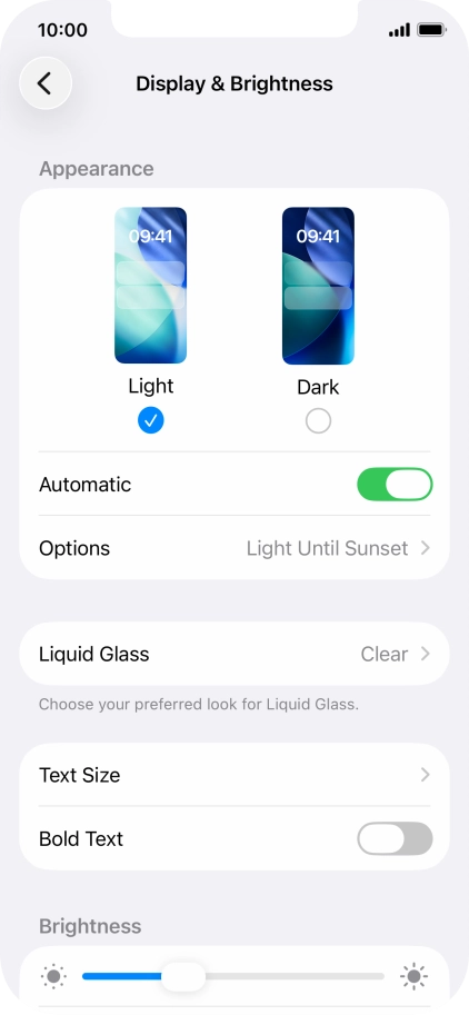If you turn on the function, press Options and follow the instructions on the screen to select the required period of time for Dark Mode.