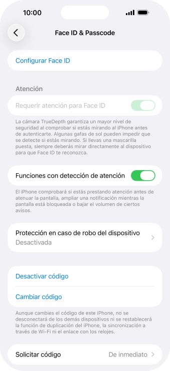 Pulsa Desactivar código e introduce el código de seguridad.
