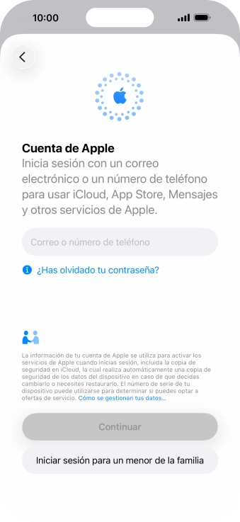 Pulsa Correo o número de teléfono e introduce el nombre de usuario de tu Cuenta de Apple.
