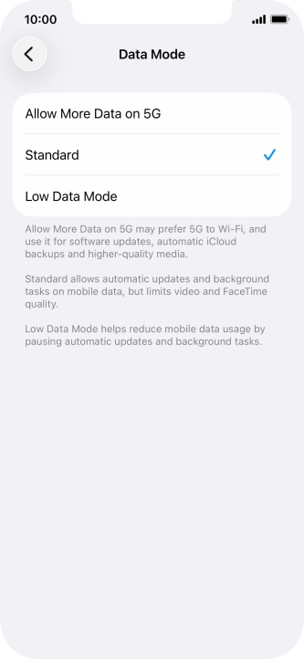 Press the required setting.