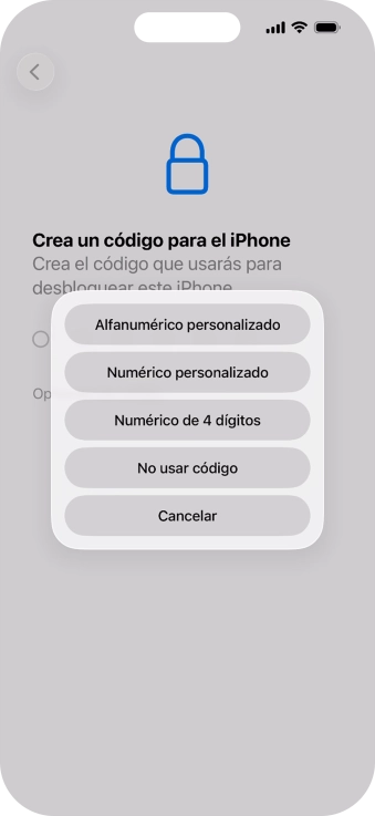 Sigue las indicaciones de la pantalla para activar el uso del código de seguridad o pulsa No usar código.