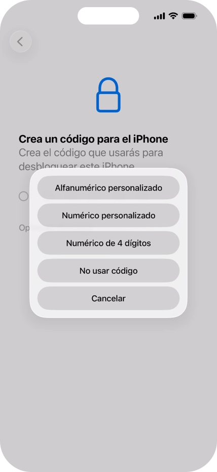 Sigue las indicaciones de la pantalla para activar el uso del código de seguridad o pulsa No usar código.