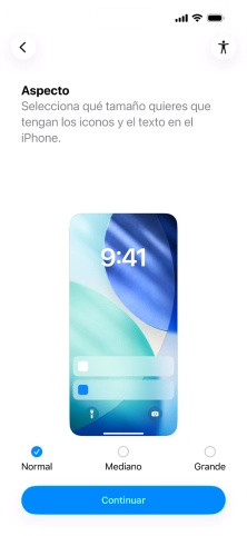 Selecciona el tamaño de letra y de los iconos que debe tener el teléfono y pulsa Continuar.