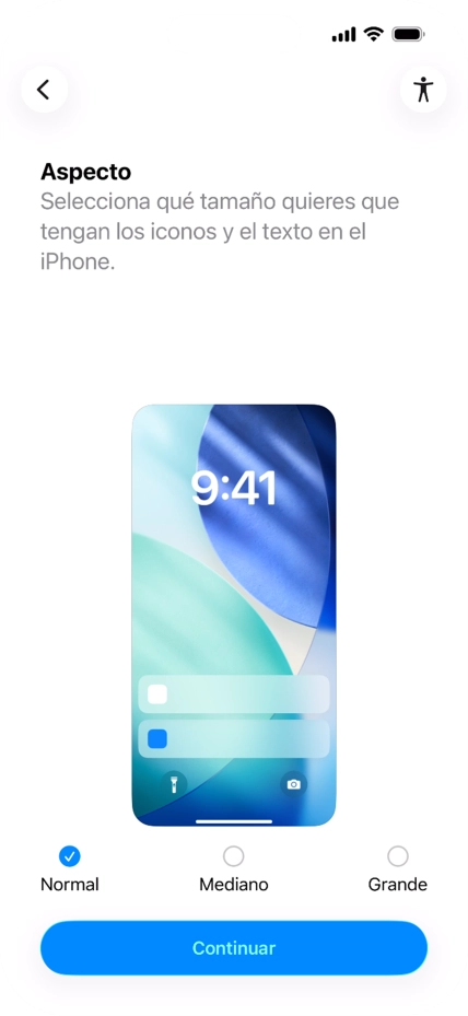 Selecciona el tamaño de letra y de los iconos que debe tener el teléfono y pulsa Continuar.