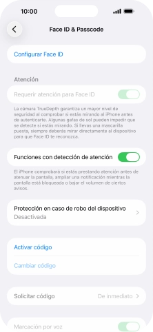 Pulsa Activar código e introduce un código de seguridad de libre elección dos veces seguidas.