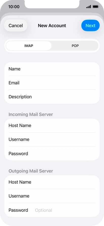 Press Password and key in the password for your email account. Please note that if you're using Vodafone's outgoing server, leave the password field empty.