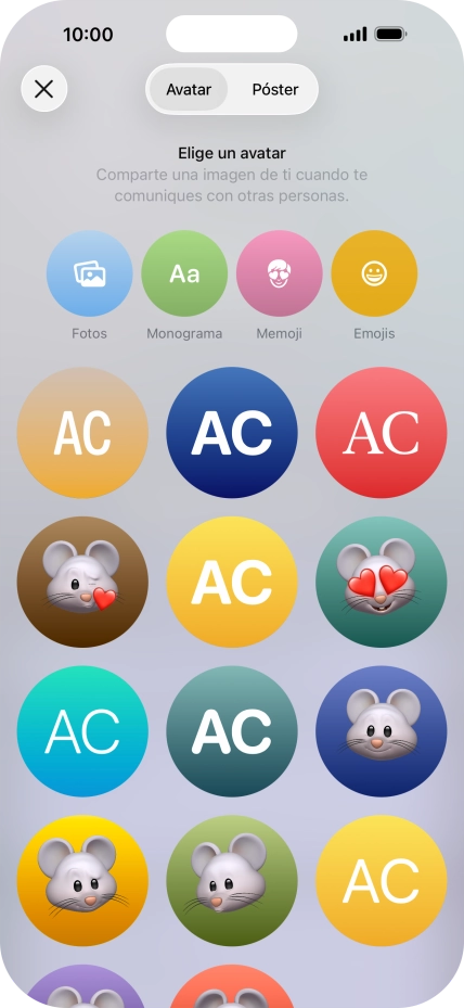 Pulsa una categoría y sigue las indicaciones de la pantalla para seleccionar y configurar la imagen o fotografía deseada para tu póster de contacto.