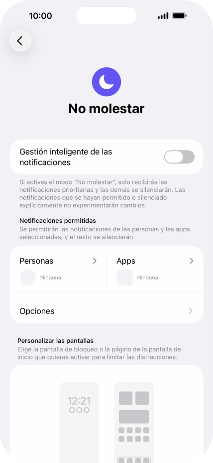 Pulsa Personas y sigue las indicaciones de la pantalla para seleccionar de qué contactos quieres recibir llamadas y notificaciones cuando No molestar está activado.