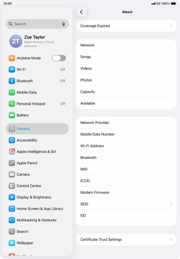 Your tablet's EID number is displayed below EID. Your tablet's EID number is displayed below EID.